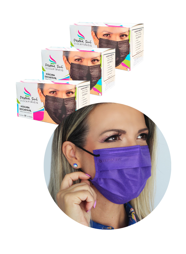 Kit Máscara Descartável Roxa com Elástico Preto com 3 Caixas