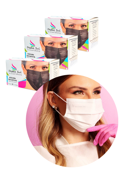 Kit Máscara Descartável Roxa com Elástico Preto com 3 Caixas